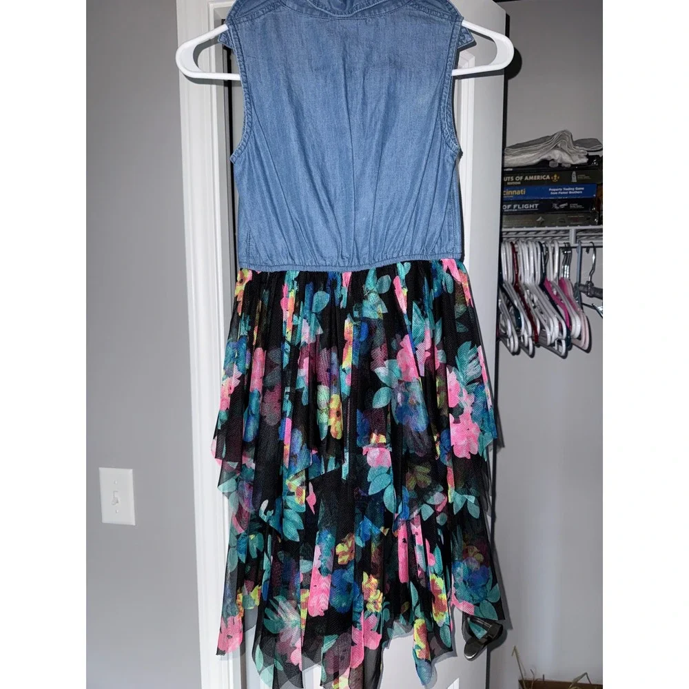 Justice Girls Size 10 Denim and Floral Tulle Tiered‎ Mixed Media Tie Front Dress